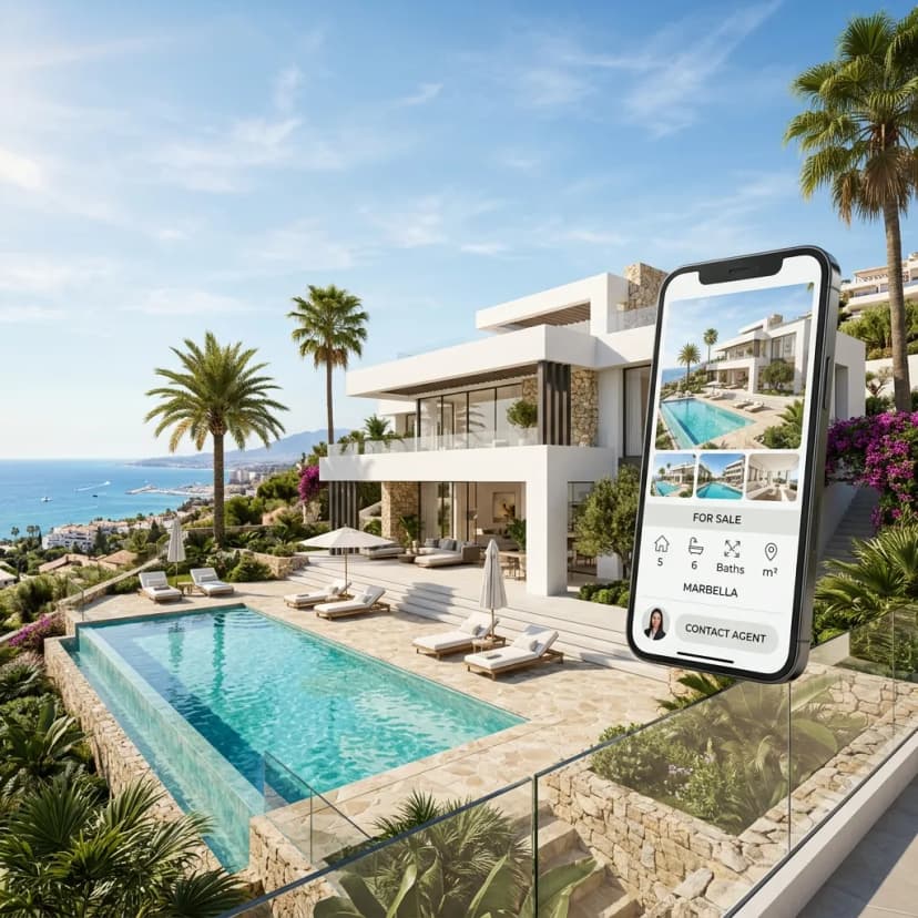 Vistas espectaculares de la costa del sol con teléfono mostrando notificaciones de propiedades