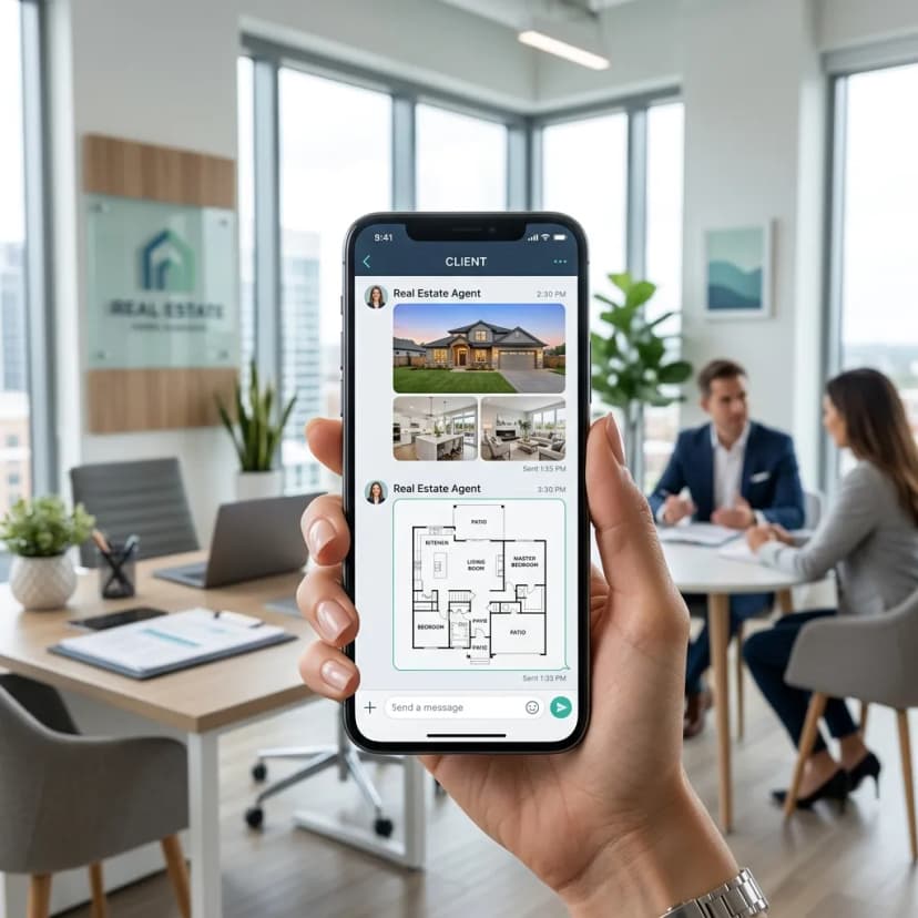 Teléfono móvil con chat de WhatsApp enviando propiedades inmobiliarias